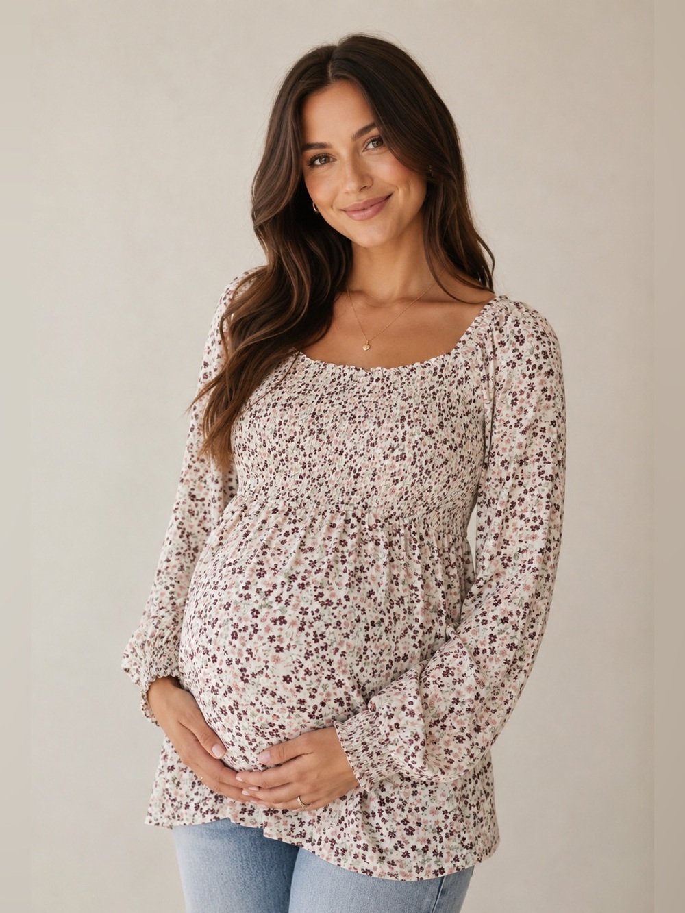 Sonoma White Knit Long Sleeve Maternity Top with Dusty Pink Floral Print
